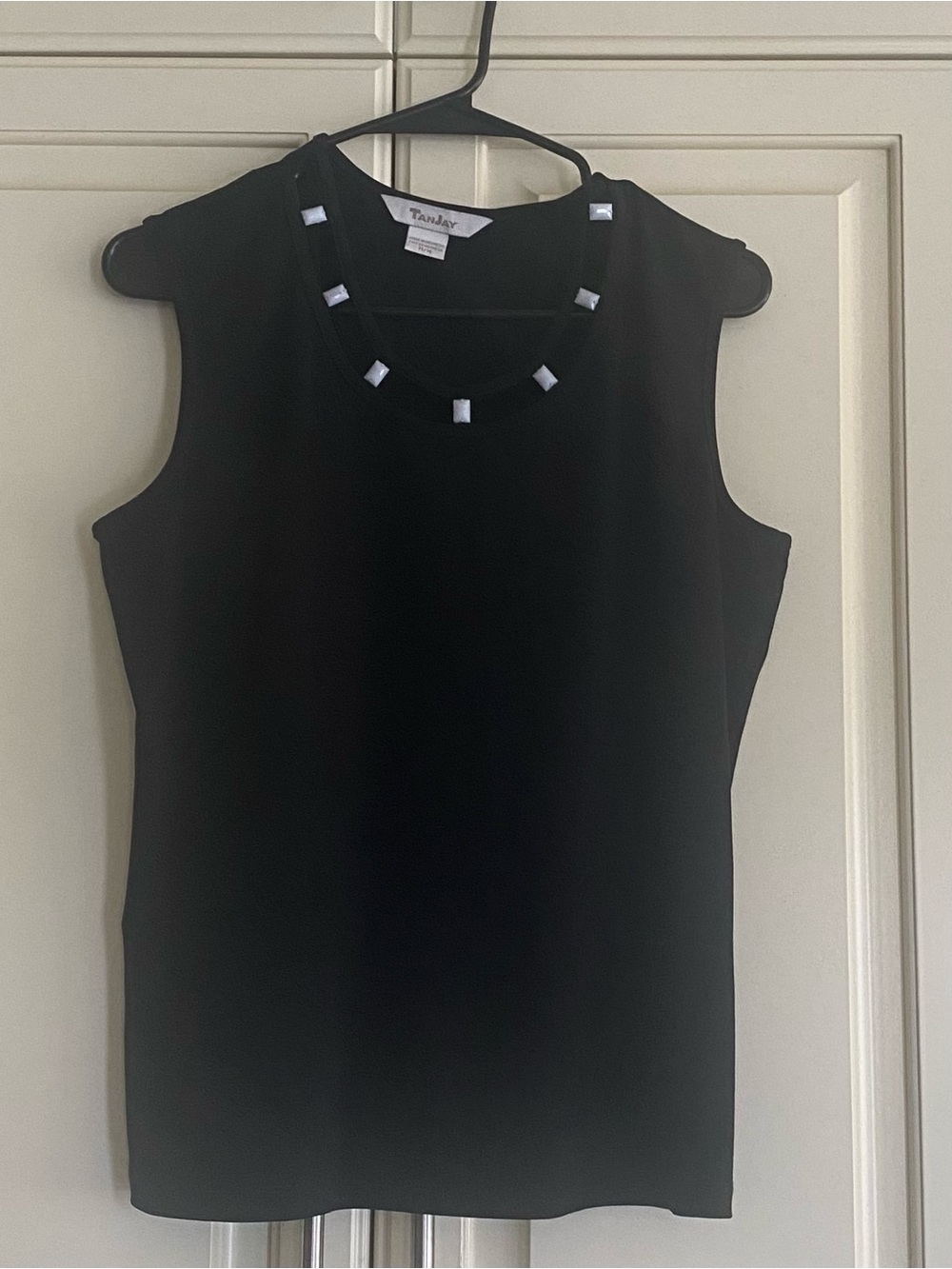 TanJay Black Sleeveless Tank with Square Embellished Neckline